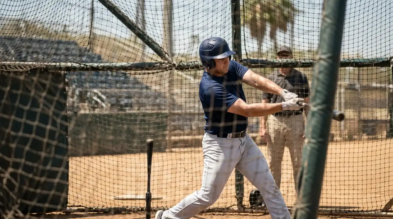 Млад prospect играч в batting cage