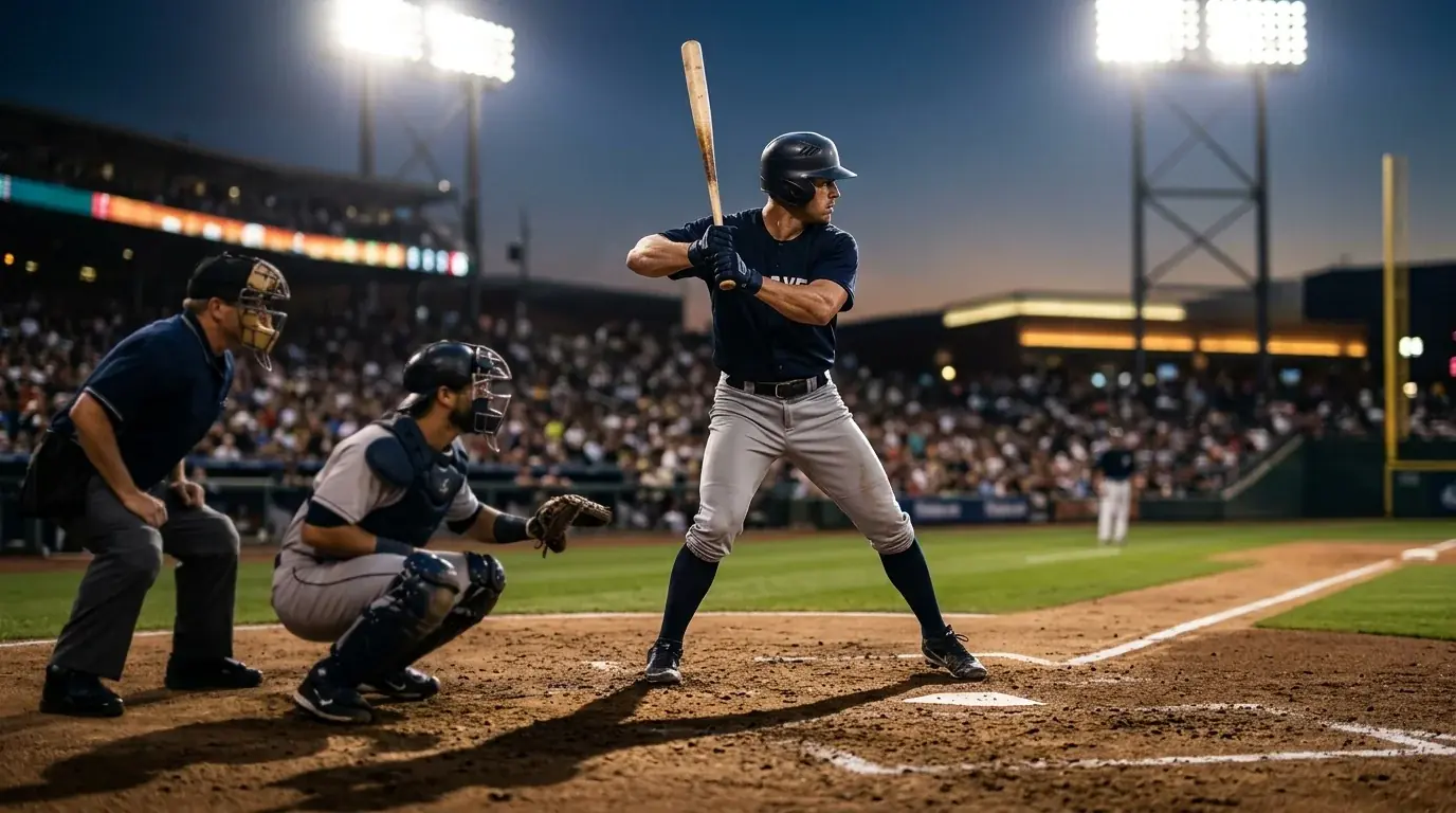 Звезден играч в batting stance под прожекторите